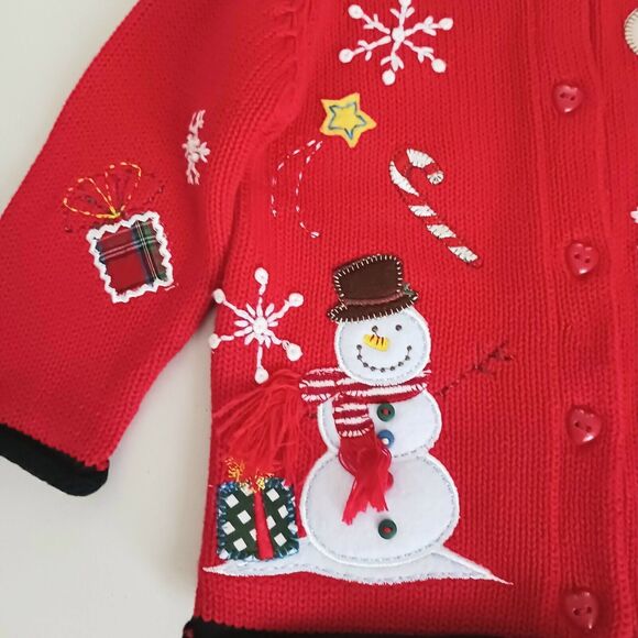NWT Koala Kids Christmas Cardigan 12M Red Cotton Snowman XMas Tree Deer Applique - Picture 5 of 7